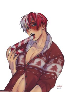 1boy artist_name boku_no_hero_academia burn_scar candy candy_cane collarbone food heterochromia highres holding holding_candy holding_candy_cane holding_food male_focus male_pubic_hair multicolored_hair navel navel_hair pubic_hair red_hair saliva scar scar_on_face short_hair simple_background solo spacenipnops split-color_hair todoroki_shoto two-tone_hair upper_body white_background white_hair