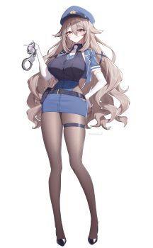 1girl absurdres belt black_belt black_shoes breasts closed_mouth commentary cuffs elbow_gloves english_commentary full_body gloves green_eyes grey_hair hair_between_eyes handcuffs highres long_hair necktie original pantyhose police police_uniform policewoman shoes smile solo taiyaki12 thigh_strap white_gloves white_necktie