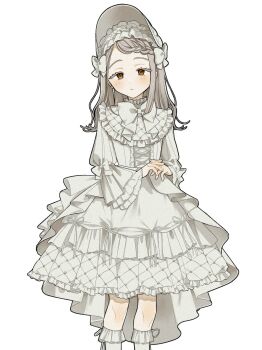 1girl alternate_costume bell_sleeves blonde_hair bonnet bow bowtie braid brown_eyes collar colored_eyelashes cowboy_shot dress flipped_hair frilled_collar frilled_dress frills gakuen_idolmaster high-low_dress highres idolmaster kneehighs lolita_fashion long_hair long_sleeves looking_at_viewer shinosawa_hiro simple_background sks_(s3_rosquilla) socks solo white_background white_bonnet white_bow white_bowtie white_dress white_socks