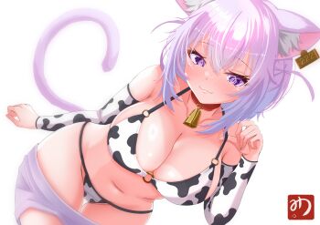 Rule 34 | 1girl, absurdres, animal ear fluff, animal ears, animal print, bell, bikini, blush, breasts, cat ears, cat girl, cat tail, cleavage, closed mouth, collar, collarbone, cow print, cow print bikini, cowbell, groin, highres, hololive, large breasts, looking at viewer, muutsu (maxwell0916), navel, nekomata okayu, print bikini, purple eyes, purple hair, red collar, simple background, solo, swimsuit, tail, virtual youtuber, white background