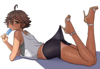 Rule 34 | 1girl, absurdres, ahoge, ankle-strap heels, ass, black shorts, brown eyes, brown hair, commentary, dark-skinned female, dark skin, eating, english commentary, feet up, food, full body, grey sports bra, hair between eyes, hair ornament, hairclip, high heel sandals, high heels, highres, holding, holding food, holding popsicle, hooked on heel, kyoko (madaotheory), lace pantyhose hooked on heel (meme), looking at viewer, lying, madaotheory, meme, on stomach, original, popsicle, sandals, see-through silhouette, shirt, short hair, shorts, sleeveless, sleeveless shirt, solo, sports bra, stiletto heels, sweat, tan, tanline, toes, tomboy, white background, white shirt