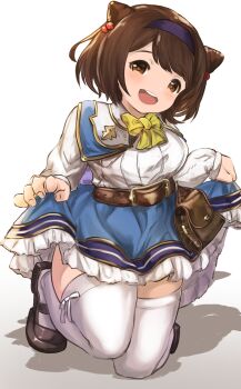 1girl :d belt blue_skirt bow breasts brown_bag brown_belt brown_eyes brown_hair brown_shoes commentary_request draph full_body granblue_fantasy hair_bobbles hair_ornament hairband highres horns long_sleeves looking_at_viewer maou_(maoudaisukiya) on_one_knee open_mouth shoes simple_background skirt skirt_hold smile solo thighhighs white_background white_thighhighs yaia_(granblue_fantasy) yellow_bow