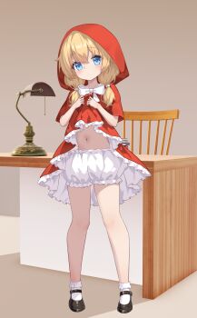 1girl absurdres black_shoes blonde_hair bloomers blue_eyes chair clothes_lift desk desk_lamp dress dress_lift full_body highres hood hooded_dress indoors lamp lifting_own_clothes little_red_riding_hood_(fairy_tale) little_red_riding_hood_(fairy_tale_character) loli long_hair looking_at_viewer navel red_dress red_hood shoes socks solo standing stomach takahashi_yuri_(hfdyzhsr) thighs twintails underwear white_bloomers white_socks