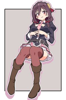 1girl belt blush_stickers boots breasts brown_boots brown_hair brown_thighhighs commentary full_body grey_background hair_between_eyes highres juliet_sleeves knee_boots kono_subarashii_sekai_ni_shukufuku_wo! large_breasts long_hair long_sleeves looking_at_viewer miniskirt necktie noyama_takenoko pink_necktie pink_skirt puffy_sleeves red_eyes simple_background skirt smile solo thighhighs yunyun_(konosuba) zettai_ryouiki
