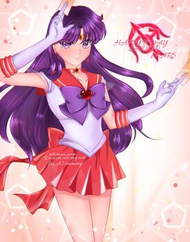 Rule 34 | back bow, bishoujo senshi sailor moon, bishoujo senshi sailor moon supers, bow, bowtie, brooch, choker, circlet, collarbone, earrings, elbow gloves, erni 1232, gloves, heart, heart brooch, highres, hino rei, jewelry, long hair, looking at viewer, ofuda, purple bow, purple bowtie, purple eyes, purple hair, red choker, red sailor collar, red skirt, sailor collar, sailor mars, sailor senshi uniform, skirt, smile, star (symbol), star choker, star earrings, super sailor mars, swept bangs