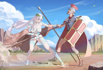 1boy 1girl absurdres all_the_way_through armor belt blood blood_on_armor bloody_weapon blue_eyes blue_sky body_markings bodypaint bracelet breasts cape celtic cleft_of_venus cliff cloak closed_mouth clothed_male_nude_female cloud commentary commission drid dust_cloud english_commentary falling_leaves fur_cloak gladiator_sandals greco-roman_clothes hair_tubes helmet highres holding holding_polearm holding_weapon impaled jewelry large_breasts laurel_crown leaf long_hair looking_to_the_side nipples nude original outdoors pictish_witch_(anonhistory) plume polearm pussy red_cape rock roman_clothes sandals shield single_hair_tube sky spear stab standing standing_on_one_leg tiptoes torc uncensored very_long_hair weapon white_hair
