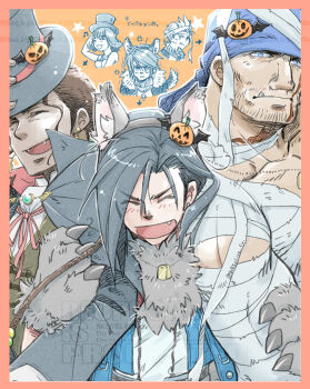 1girl 5boys 80850love_fu animal_ear_fluff animal_ear_hairband animal_ears animal_hands ascot bandaged_arm bandaged_head bandaged_torso bandages bandana beard_stubble black_cloak black_hair black_hat black_jacket blue_bandana blue_eyes blue_jacket border breasts chibi chibi_inset cloak closed_eyes earrings facial_hair facial_scar fake_animal_ears fang fang_out final_fantasy final_fantasy_viii fur-trimmed_jacket fur_trim gloves hair_ornament hairband halloween halloween_costume hat highres holding_another&#039;s_hair jack-o&#039;-lantern jack-o&#039;-lantern_hair_ornament jack-o&#039;-lantern_hat_ornament jacket jewelry kiros_seagill laguna_loire laughing light_blush long_hair male_focus medium_breasts multiple_boys mummy_costume muscular muscular_male neck_ribbon necklace open_mouth orange_background overalls paw_gloves pink_border pink_ribbon ribbon scar scar_on_cheek scar_on_face selphie_tilmitt single_earring smile squall_leonhart stubble tail tan top_hat topless_male upper_body vampire_costume ward_zabac wavy_hair werewolf_costume white_ascot wolf_ears wolf_tail zell_dincht