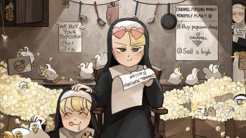 >_< 4girls ^_^ ^q^ baby_animal bag bird blonde_hair chair chicken chocolate_chip_cookie closed_eyes clumsy_nun_(diva) commentary cookie cupboard diva_(hyxpk) domino_mask drooling duck duckling earthworm english_commentary english_text eye_mask eyewear_on_head far_cry far_cry_4 fishing_rod food froggy_nun_(diva) frying_pan goose habit headpat heart heart-shaped_eyewear highres holding holding_cookie holding_food holding_map kitchen ladle little_nuns_(diva) map mask mole_(animal) motion_blur multiple_girls nervous_sweating nun nun_headdress oven_mitts paper_bag popcorn poster_(object) recipe_(object) running shaded_face sign smirk spatula spicy_nun_(diva) star_(symbol) star_nun_(diva) sweat sweatdrop theft tinted_eyewear tongue tongue_out traditional_nun worm x_(symbol) yellow_eyes