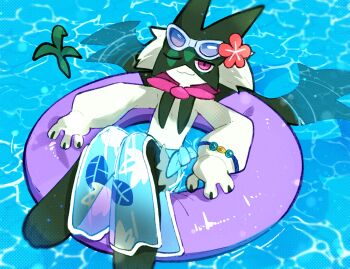 1other :3 animal_hands beach_towel bracelet closed_mouth eyewear_on_head flower full_body furry green_fur green_hair hair_flower hair_ornament half-closed_eyes jewelry looking_at_viewer meowscarada meowscarada_(beach) nintendo one_eye_closed other_focus pink_eyes pokemon pokemon_(creature) pokemon_unite pool_float purple-tinted_eyewear red_flower short_hair short_tail simple_background sitting solo sstoh tail tinted_eyewear towel towel_around_waist two-tone_fur white-framed_eyewear