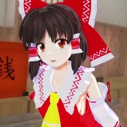 1girl 3d animated breasts breasts_out brown_eyes brown_hair clothes_pull flashing hair_ribbon hakurei_reimu japanese_clothes large_breasts looking_at_viewer medium_hair miko mofumoko5 nipples no_bra open_mouth ponytail presenting pulling_own_clothes ribbon sideboob smile solo teasing touhou video