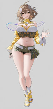 1girl :d anis_(nikke) breasts brown_hair commentary_request full_body goddess_of_victory:_nikke green_shorts grey_background highres idol idol_clothes large_breasts long_sleeves navel ochiaki official_alternate_costume official_alternate_design official_alternate_hairstyle open_mouth plump shoes short_shorts shorts simple_background smile solo thighs turtleneck waving yellow_eyes yellow_shoes