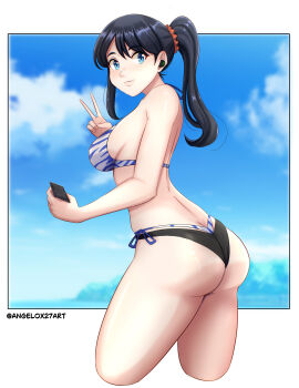 Rule 34 | 1girl, absurdres, airpods, angelox27, aqua eyes, ass, bare shoulders, bikini, black hair, blue bikini, blush, breasts, butt crack, cellphone, closed mouth, gridman (character), gridman (denkou choujin), gridman universe, hair ornament, hair scrunchie, highres, holding, holding phone, large breasts, layered bikini, official alternate costume, official alternate hairstyle, phone, ponytail, scrunchie, side-tie bikini bottom, sideboob, smartphone, smile, solo, ssss.gridman, stomach, swimsuit, takarada rikka, twitter username, v, wireless earphones