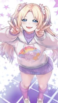 1girl :d absurdres blonde_hair blue_eyes blue_hair blush casual commentary_request double_v dress fang feet_out_of_frame flat_chest flower gradient_hair hair_flower hair_ornament highres hood hoodie hundred_brazil kneehighs link!_like!_love_live! long_hair looking_at_viewer love_live! multicolored_hair official_alternate_costume open_mouth osawa_rurino osawa_rurino_(winter_casual) parted_bangs pink_flower pink_socks purple_dress purple_sweater ribbed_dress ribbed_sweater short_dress smile socks solo star_(symbol) star_symbol_background sweater sweater_dress twintails v virtual_youtuber white_background white_hoodie