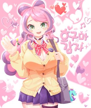 1girl bow breasts cardigan choker cleavage commentary_request commission gen_7_pokemon green_eyes heart highres korean_commentary korean_text long_hair mareanie miriam_(pokemon) musical_note nintendo open_mouth pink_hair pleated_skirt pokemon pokemon_(creature) pokemon_sv purple_streaks red_bow school_uniform shirt skirt solo spoken_heart translation_request ttrtag waving white_shirt