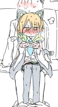 1boy 1girl absurdres animal_ear_headphones animal_ears aqua_bow aqua_necktie black_tail black_thighhighs blonde_hair blue_archive blush bow cat_ear_headphones cat_ears cat_tail collared_shirt commentary_request controller couch doodle_sensei_(blue_archive) expressionless fake_animal_ears fake_tail full_body game_controller girl_on_top green_jacket green_panties hair_bow headphones height_difference hetero highres holding holding_controller holding_game_controller implied_sex jacket jitome kuragesensei loli looking_at_viewer low-tied_sidelocks medium_hair midori_(blue_archive) multicolored_jacket necktie no_halo no_pants no_shoes nose_blush on_couch open_clothes open_jacket panties panty_pull playing_games school_uniform sensei_(blue_archive) shirt sidelocks simple_background sitting sitting_on_lap sitting_on_person sketch steam straight-on sweat tail thighhighs underwear very_sweaty white_background white_jacket white_shirt