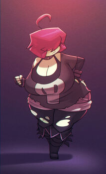 1girl ahoge bigdad black_bra bra breasts cleavage clenched_hand closed_mouth collar covered_eyes curvy fingerless_gloves fold-over_boots gazlene_membrane gloves goth_fashion hair_over_eyes hand_on_own_hip huge_breasts invader_zim pantyhose pantyhose_under_shorts pink_hair shorts simple_background solo standing thick_thighs thighs torn_clothes torn_pantyhose underwear