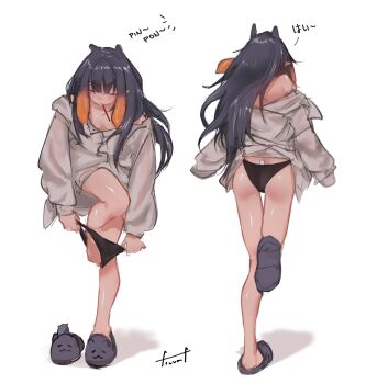 1girl animal_ears animal_slippers artist_name ass black_panties blunt_bangs blush closed_eyes closed_mouth commentary floomf food from_behind full_body gradient_hair highres hololive long_hair mole mole_under_eye multicolored_hair multiple_views ninomae_ina&#039;nis orange_hair panties pocky pointy_ears purple_hair purple_slippers shirt sidelocks simple_background slippers standing standing_on_one_leg tag tentacle_hair underwear very_long_hair virtual_youtuber white_background white_shirt