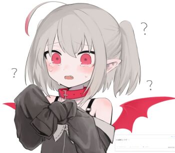 1girl ? ahoge bare_shoulders belt_collar black_jacket blush collar colored_tips crying crying_with_eyes_open demon_wings dyed_ahoge fang furrowed_brow grey_hair hair_between_eyes hands_up jacket jewelry lolowv makaino_ririmu makaino_ririmu_(2nd_costume) medium_hair multicolored_hair necklace nijisanji off-shoulder_jacket off_shoulder open_mouth pointy_ears red_collar red_eyes red_streaks red_wings request_inset sidelocks simple_background sleeves_tied_together solo standing streaked_hair tears twintails upper_body virtual_youtuber white_background wings