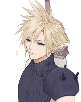 1boy ah_yoshimizu armor blonde_hair blue_eyes blue_sweater buster_sword closed_mouth cloud_strife commentary_request earrings final_fantasy final_fantasy_vii final_fantasy_vii_remake highres jewelry male_focus ribbed_sweater short_hair shoulder_armor simple_background single_bare_shoulder sleeveless sleeveless_turtleneck smug solo spiked_hair stud_earrings sweater sword sword_on_back translation_request turtleneck turtleneck_sweater upper_body weapon weapon_on_back white_background