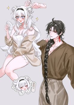 1boy 1girl black_hair black_hairband blade_(honkai:_star_rail) blue_pupils braid brown_shirt comb commentary_request double_bun firefly_(honkai:_star_rail) gradient_eyes grey_hair hair_between_eyes hair_bun hair_intakes hair_ornament hairband hairpin halterneck highres holding holding_comb holding_mirror honkai:_star_rail honkai_(series) jam8366 lingerie long_hair loose_clothes loose_shirt mirror multicolored_eyes multiple_scars open_mouth scar shirt single_braid smile sparkle sweatdrop underwear