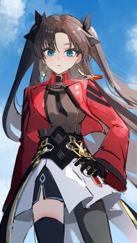 1girl absurdres black_gloves black_skirt black_thighhighs blue_eyes blue_sky breasts brown_hair brown_shirt earrings fate/stay_night fate_(series) gloves hair_ribbon highres honkai:_star_rail honkai_(series) hoop_earrings jacket jewelry layered_skirt long_hair long_sleeves marumai medium_breasts parted_bangs red_jacket ribbon rin's_pendant_(fate) shirt skirt sky solo thighhighs tohsaka_rin tohsaka_rin_(honkai:_star_rail) two_side_up white_skirt