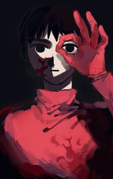 10101010_do :| black_background black_eyes black_hair blank_stare blood blood_on_clothes blood_on_face blood_on_hands closed_mouth dark empty_eyes expressionless gloves guest_c_(mii) hand_up highres long_sleeves looking_at_viewer male_focus mii_(nintendo) mob_face nintendo ok_sign red_gloves red_shirt red_sweater shirt short_hair solo sweater turtleneck turtleneck_sweater upper_body