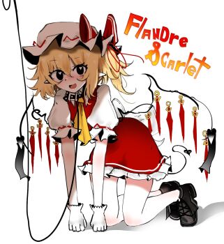 1girl :d all_fours animal_collar ascot back_bow black_collar black_eyes black_shoes black_tail blonde_hair blush bow bright_pupils character_name collar demon_tail flandre_scarlet frilled_skirt frilled_sleeves frills full_body gloves hair_between_eyes hat hat_bow heart heart-shaped_pupils highres laevatein_(tail) leash looking_at_viewer medium_hair miniskirt mob_cap nose_blush one_side_up open_mouth ougiikun pointy_ears puffy_short_sleeves puffy_sleeves red_bow red_eyes red_skirt red_vest red_wings shade shirt shoes short_sleeves simple_background skirt skirt_set smile solo symbol-shaped_pupils tail touhou vest white_background white_gloves white_hat white_pupils white_shirt wings yellow_ascot