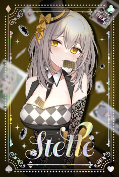 Rule 34 | 1girl, alternate costume, bare shoulders, between breasts, black dress, black hat, black necktie, blush, bow, breasts, card, card between breasts, card in mouth, character name, closed mouth, commentary request, dress, grey hair, hair between eyes, hat, highres, honkai: star rail, honkai (series), long hair, looking at viewer, mouth hold, necktie, necktie between breasts, oguraponti, sleeveless, sleeveless dress, solo, stelle (honkai: star rail), trailblazer (honkai: star rail), yellow bow, yellow eyes