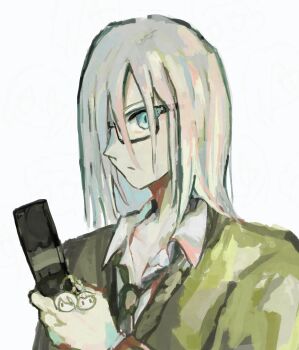 1boy alternate_costume aqua_eyes cellphone cellphone_charm charm_(object) collared_shirt contemporary expressionless final_fantasy final_fantasy_vii final_fantasy_vii:_advent_children flip_phone glasses green_necktie green_sweater_vest grey_hair hair_over_one_eye hand_up highres holding holding_phone kadaj kv9g7 long_hair loz male_focus necktie phone school_uniform shirt simple_background slit_pupils solo sweater_vest upper_body white_background white_shirt yazoo