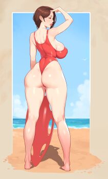 Rule 34 | 1girl, armpits, ass, backboob, barefoot, beach, breasts, brown hair, from behind, full body, highres, holding, holding surfboard, large breasts, lifeguard, lipstick, looking to the side, makeup, mensh, ocean, one-piece swimsuit, original, red one-piece swimsuit, short hair, solo, surfboard, swimsuit, wedgie
