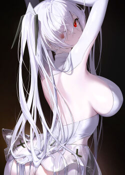 1girl absurdres ass breasts cinderella_(nikke) commentary dress from_side goddess_of_victory:_nikke hibiwa highres large_breasts long_hair looking_at_viewer panties red_eyes sideboob solo twintails underwear very_long_hair white_dress white_hair white_panties
