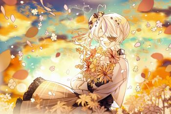 Rule 34 | 1girl, :d, ahoge, bouquet, chapret10, closed eyes, commentary request, eyepatch, falling petals, flower, heart, heart ahoge, highres, holding, holding bouquet, lens flare, maria marionette, maria marionette (1st costume), multicolored hair, nijisanji, nijisanji en, open mouth, petals, pink hair, purple hair, side ponytail, smile, solo, streaked hair, sunlight, virtual youtuber