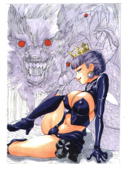 1girl atlus boots breasts cleavage covered_erect_nipples crown earrings female_focus gokkun_tororojiru gold_crown gradriel gradriel_de_valendia jewelry knee_boots large_breasts legs midriff necklace pearl_necklace princess_crown purple_eyes purple_hair red_eyes revealing_clothes sitting skull snake solo tongue wolf