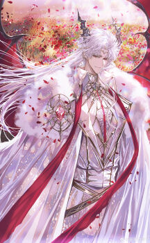 Rule 34 | 1boy, absurdres, belt, black belt, black horns, brooch, cape, chinese commentary, circlet, closed mouth, coat, collared coat, cowboy shot, curtained hair, dragon boy, dragon horns, dragon wings, ear covers, falling petals, field, flower, flower field, fur-trimmed cape, fur trim, gem, gold trim, highres, horns, jewelry, lapels, long hair, looking at viewer, love and deepspace, male focus, neck ribbon, padded shirt, parted bangs, pearl (gemstone), petals, red eyes, red flower, red gemstone, red ribbon, red scarf, red wings, ribbon, scarf, shirt, sideways glance, smile, snow234, solo, standing, stole, sylus (love and deepspace), vest, watermark, weibo watermark, white cape, white coat, white hair, white shirt, white vest, wing brooch, wings