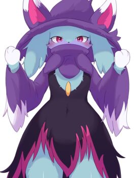 1girl animal_ears blush commentary_request covered_navel furry furry_female hetakitsune highres katress looking_at_viewer pal_(creature) palworld red_eyes simple_background solo white_background