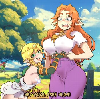 1boy 2girls artist_name belt blonde_hair blue_eyes blue_sky blurry blurry_background blush braid breasts breasts_out colored_skin convenient_censoring cowboy_shot day depth_of_field earrings embarrassed ganondorf grabbing_another&#039;s_breast grass green_eyes green_skin groping jewelry large_breasts leaning_forward link_(cosplay) linkle long_hair looking_at_viewer malon medium_breasts multiple_girls naughty_face nintendo open_mouth orange_hair outdoors pointy_ears prosthesis prosthetic_arm purple_skirt robe sebasdono shirt short_sleeves skirt sky smile standing teeth the_legend_of_zelda tiara tongue tongue_out tree twin_braids white_shirt