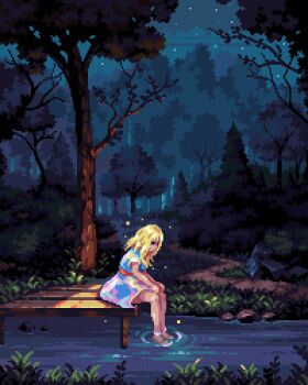 1girl absurdres blonde_hair bush dark dock dress forest from_side full_body grass highres light_particles nature night original outdoors path pixel_art plant road rock scilex sitting sky solo star_(sky) stream tree water
