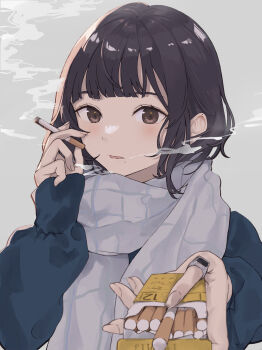 Rule 34 | 1girl, black hair, blue coat, blunt bangs, blush, brown eyes, cigarette, cigarette pack, coat, commentary request, enpera, fingernails, grey background, grey scarf, highres, holding, holding cigarette, holding cigarette pack, incoming gift, jewelry, long sleeves, looking at viewer, medium hair, mole, mole under mouth, noanoa-iroha, open mouth, original, pink nails, ring, scarf, sidelighting, simple background, sleeves past wrists, smoke, smoking, solo, upper body