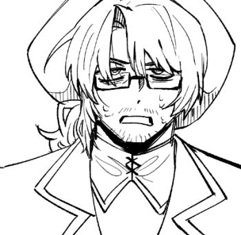 1boy absurdres angry annoyed bags_under_eyes beard_stubble close-up contrast_collar facial_hair facing_viewer formal_clothes from_front frown glasses gregor_(project_moon) greyscale hair_between_eyes half-closed_eyes hat high_contrast highres jacket jitome lapels limbus_company long_hair long_sleeves looking_at_viewer low_ponytail male_focus monochrome notched_lapels official_alternate_costume parted_bangs parted_lips photoshop_(medium) pirate pirate_hat ponytail portrait project_moon rectangular_eyewear sanpaku semi-rimless_eyewear shirt simple_background sketch solo straight-on stubble sweatdrop twinhook_pirates_(identity)_(project_moon) under-rim_eyewear upper_body v-shaped_eyebrows white_background