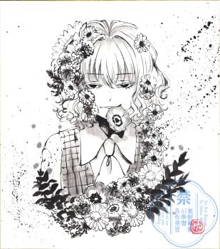 1girl absurdres ascot collared_shirt commentary english_commentary flower flower_in_mouth flower_request greyscale hair_flower hair_ornament highres kazami_yuuka looking_at_viewer medium_hair monochrome plaid_clothes plaid_vest portrait shikishi shirt smile solo sumi-e touhou traditional_media vest watermark yuzuha_(yuzutime)