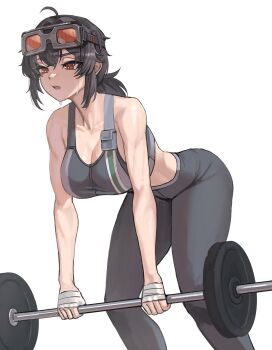 1girl absurdres ahoge barbell bare_shoulders bent_over black_hair black_pants black_sports_bra breasts cleavage collarbone exercising goggles goggles_on_head grace_howard hair_between_eyes hand_wraps highres holding large_breasts long_hair open_mouth orange_eyes pants simple_background soldat_(dndosld73832) solo sports_bra sweat toned toned_female weightlifting white_background yoga_pants zenless_zone_zero zipper_top