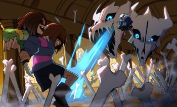 0lightsource 1boy 2others absurdres battle black_sclera black_shorts blue_jacket blue_sweater bone boots brown_hair chara_(undertale) choir_outfit_(utdr) colored_sclera energy_beam evil_smile floating frisk_(undertale) gasterblaster genocide_route_(undertale) glowing glowing_eye green_sweater grin hair_over_eyes hands_in_pockets highres holding holding_knife hood hooded_jacket indoors jacket knife long_sleeves multiple_others open_mouth pink_slippers red_eyes sans_(undertale) short_hair shorts skeleton slippers smile sweater two-tone_sweater undertale utdr_(toby_fox)