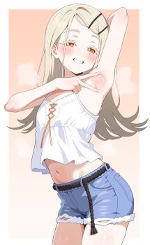 1girl absurdres arm_up armpits blonde_hair blush camisole colored_eyelashes denim denim_shorts flipped_hair gakuen_idolmaster highres idolmaster long_hair looking_at_viewer midriff navel orange_eyes presenting_armpit shiguren_39 shinosawa_hiro short_shorts shorts smile solo spread_armpit steaming_body stomach sweat thick_eyelashes thighs very_long_hair white_camisole