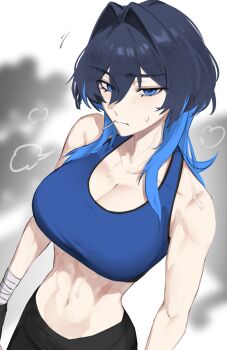 1girl abs absurdres after_exercise bandaged_wrist bandages black_pants blue_hair blue_tank_top cropped_legs hair_between_eyes highres hololive hololive_english hunk_404 looking_at_viewer medium_hair multicolored_hair ouro_kronii pants solo steam sweat tank_top toned toned_female two-tone_hair virtual_youtuber workout_clothes