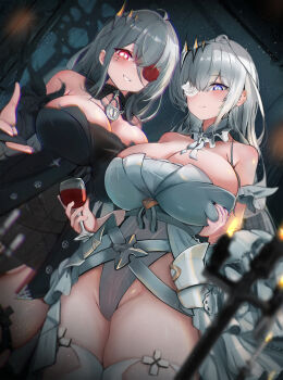 2girls absurdres alcohol alternate_breast_size azur_lane bare_shoulders black_dress black_leotard black_nails black_thighhighs black_vs_white blue_eyes breasts candlestand chromatic_aberration cleavage collarbone contrast cowboy_shot cup detached_collar detached_sleeves dress drinking_glass dual_persona dutch_angle emden_(azur_lane) flower flower_eyepatch grabbing_another&#039;s_breast groping highleg highleg_leotard highres holding holding_cup huge_breasts kakuseikakusei leotard lock long_hair looking_at_viewer multiple_girls nail_polish padlock padlocked_collar partially_translated red_eyes red_flower red_rose red_wine rose showgirl_skirt slit_pupils smile thighhighs translation_request very_long_hair white_dress white_flower white_hair white_leotard white_rose white_thighhighs wine wine_glass