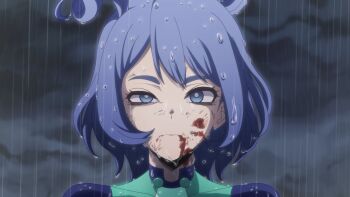 1girl absurdres blood blood_on_face blue_eyes blue_hair bodysuit boku_no_hero_academia chainsaw_man closed_mouth green_bodysuit hado_nejire highres kyochakocchis night official_alternate_hair_length official_alternate_hairstyle outdoors rain scene_reference solo superhero_costume wet wet_hair