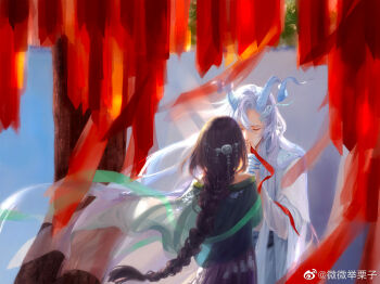 1boy 1girl animal_ears bare_shoulders black_hair blue_horns braid cael_anselm cael_anselm_(myths_wonders) capelet chinese_clothes chinese_commentary claws closed_eyes colored_extremities couple covered_mouth cowboy_shot curled_horns curtained_hair day dragon_horns dress earrings facing_another facing_away from_behind green_capelet hair_between_eyes hair_ornament hanfu head_chain heroine_(lovebrush_chronicles) hetero highres holding holding_ribbon horns jewelry kiss kissing_hand long_hair long_sleeves lovebrush_chronicles off-shoulder_capelet off-shoulder_dress off_shoulder purple_dress red_ribbon ribbon robe see-through_capelet see-through_clothes side_part single_braid standing tassel tassel_earrings tree under_tree very_long_hair watermark weibo_watermark weiwei_ju_lizi white_hair white_hanfu white_robe wind