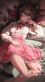 1girl animal_ears black_hair black_leopard_(kemono_friends) blush bow bowtie breasts center_frills collared_shirt extra_ears frilled_skirt frills green_eyes hair_bow highres kemono_friends kemono_friends_3 long_hair long_sleeves looking_at_viewer lying medium_breasts melaton official_alternate_costume on_back pink_skirt red_bow red_bowtie shirt shirt_tucked_in skirt socks solo tail twintails virgin_killer_outfit white_shirt