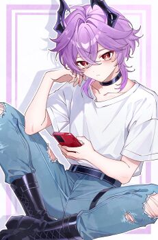 Rule 34 | 1boy, black boots, black choker, boots, choker, closed mouth, commentary request, crossed bangs, denim, dragon horns, durin (genshin impact), genshin impact, hand on own face, highres, holding, holding phone, horns, jeans, kuro774 n, looking at viewer, male focus, pants, phone, purple hair, shirt, solo, torn clothes, torn jeans, torn pants, white shirt