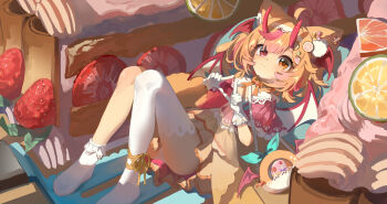 1girl absurdres ahoge animal_ear_fluff animal_ears asymmetrical_legwear bag blonde_hair bobby_socks bow bowtie capelet chinese_commentary closed_mouth commentary_request demon_girl demon_horns demon_wings dress food-themed_hair_ornament full_body gloves gradient_hair hair_bow hair_ornament head_wings heterochromia highres horns kele_mimi lemon_hair_ornament lime_hair_ornament loli looking_at_viewer lying medium_hair multicolored_hair no_shoes on_back one_side_up original panties pantyshot pink_bow pink_hair red_capelet red_eyes red_horns red_wings shoulder_bag single_sock single_thighhigh smile socks solo tail thighhighs two-tone_hair underwear uneven_legwear upskirt variant_set white_gloves white_panties white_socks white_thighhighs wings yellow_bow yellow_bowtie yellow_dress yellow_eyes